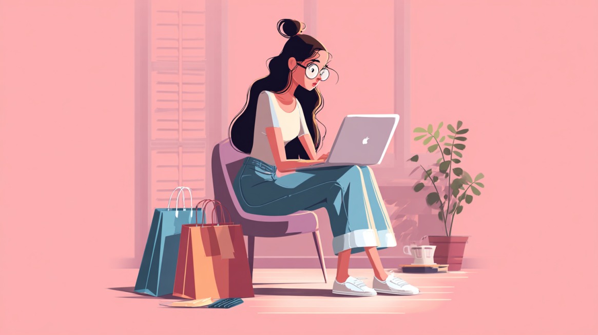 Ilustracija žene koja sedi sa laptopom i okružena je šoping kesama, prikaz online kupovine