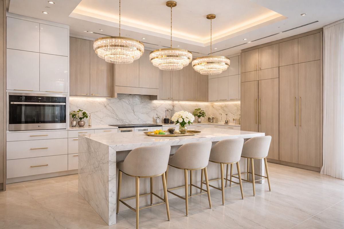Elegantna rasveta u enterijeru velike moderne kuhinje sa kuhinjskim ostrvom, visilicom iznad radne površine i svetlim neutralnim tonovima