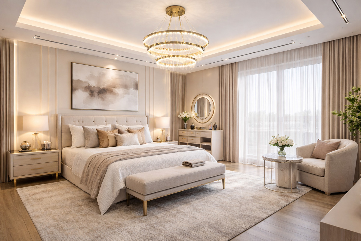 Moderna spavaća soba u svetlim tonovima sa elegantnom plafonskom rasvetom, neutralnim nameštajem i toplim ambijentalnim osvetljenjem