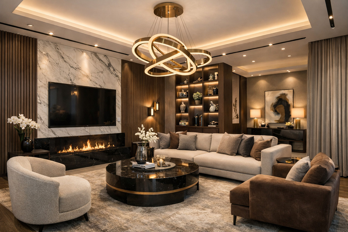 Moderni dnevni boravak sa elegantnom plafonskom rasvetom, LED ambijentalnim osvetljenjem i savremenim nameštajem u neutralnim tonovima