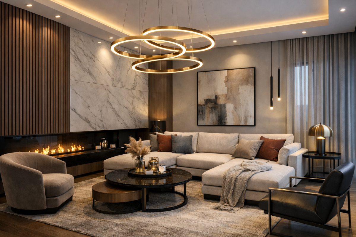 Moderna dnevna soba sa elegantnom plafonskom LED rasvetom, neutralnim nameštajem i toplim ambijentalnim osvetljenjem