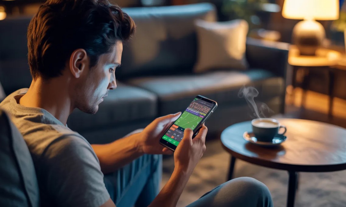 Muškarac sjedi na kauču i koristi pametni telefon za online sportsko klađenje, uz šoljicu kafe na stolu u toplom, večernjem ambijentu.