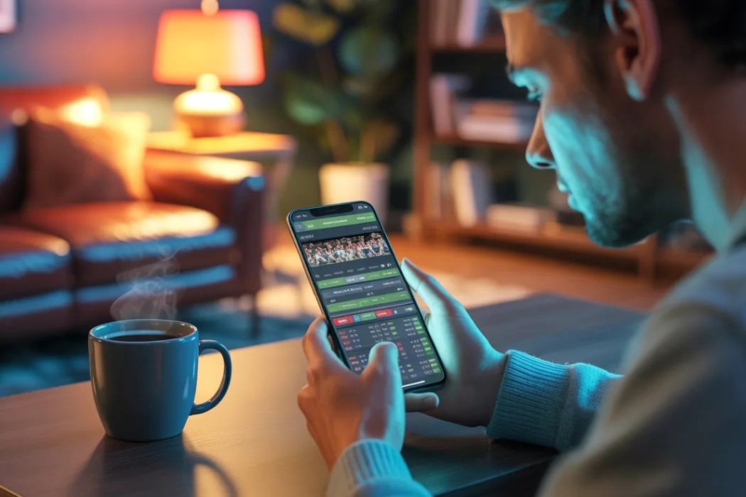 Muškarac sedi u dnevnoj sobi i koristi mobilnu aplikaciju za sportsko klađenje dok pije kafu