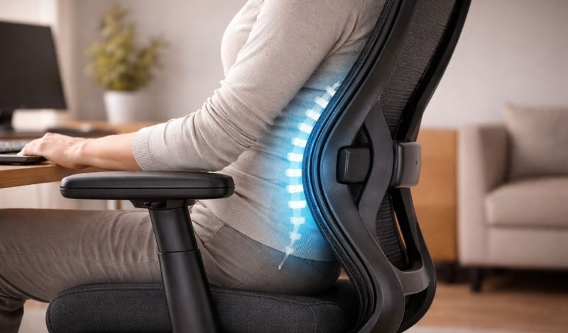 Lumbalna podrška na ergonomskoj stolici koja prati prirodnu krivinu donjeg dela leđa tokom pravilnog sedenja