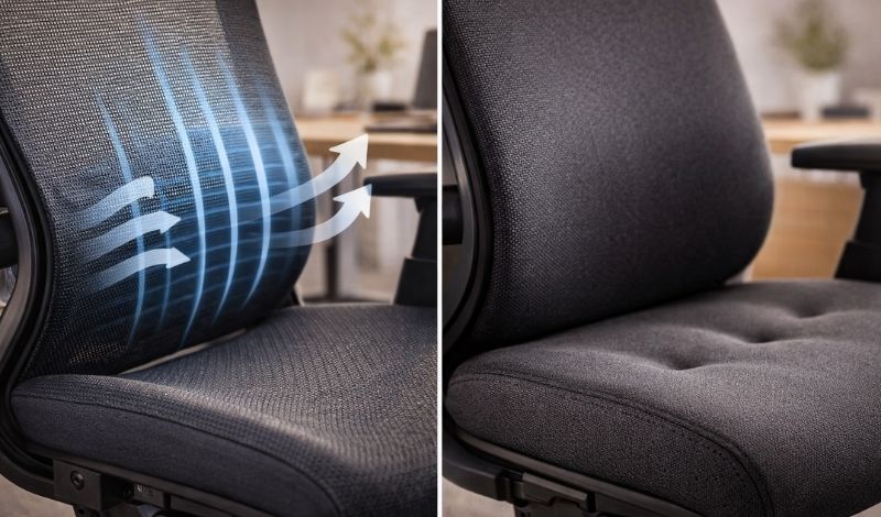 Poređenje mrežastog i tapaciranog sedišta ergonomske stolice sa prikazom prozračnosti i podrške pene