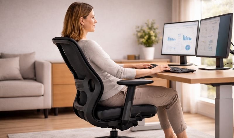 Pravilno sedenje na ergonomskoj stolici sa osloncem za leđa, opuštenim ramenima i stabilnim položajem tela