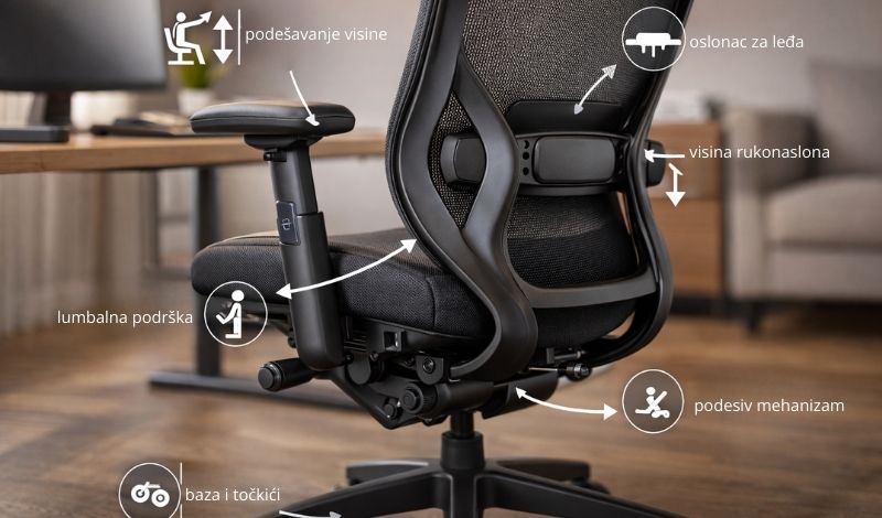 Ergonomska stolica za dugo sedenje sa označenim podešavanjima visine, lumbalne podrške, naslona za ruke i mehanizma nagiba