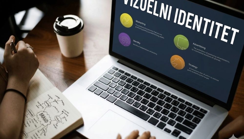 Laptop sa prikazom vizuelnog identiteta i beleške koje ilustruju razvoj brenda