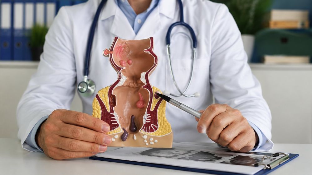 Lekar prikazuje anatomski model hemoroida tokom objašnjavanja mogućnosti lečenja