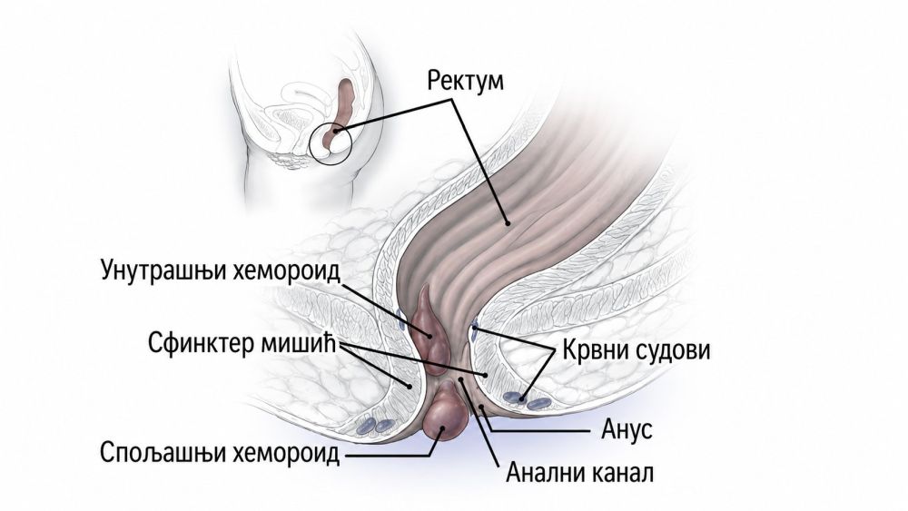 Anatomski prikaz unutrašnjih i spoljašnjih hemoroida sa označenim delovima analnog kanala