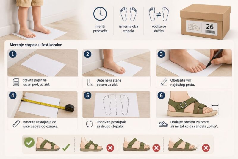 Merenje dečijeg stopala kod kuće uz papir, zid, olovku i metar, prikazano kroz šest jednostavnih koraka