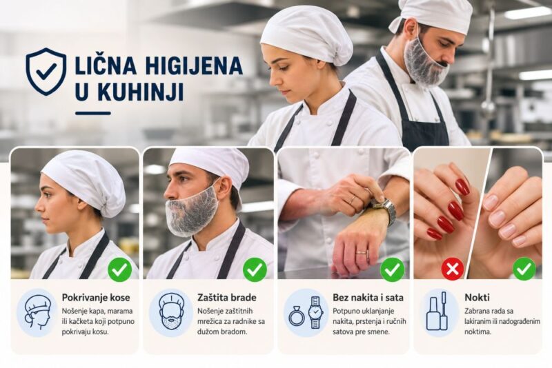 Infografik o ličnoj higijeni u kuhinji sa pravilima za pokrivanje kose, zaštitu brade, uklanjanje nakita i uredne nokte