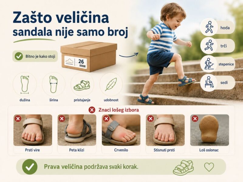 Dečak u plavim sandalama penje se uz stepenice, uz prikaz dužine i širine stopala i znakova da sandale nisu odgovarajuće veličine