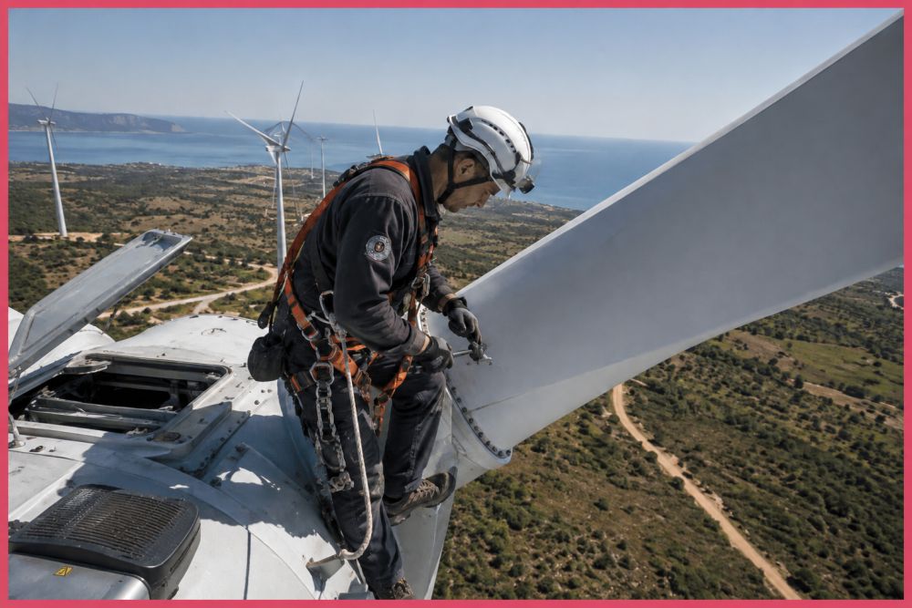 Serviser vetroturbine na velikoj visini pregledava i održava mehaničke delove turbine, uz vetropark u pozadini