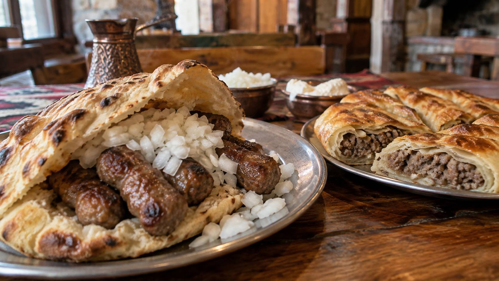 Sarajevski ćevapi u somunu sa seckanim lukom i burek sa mesom na zasebnim tanjirima.